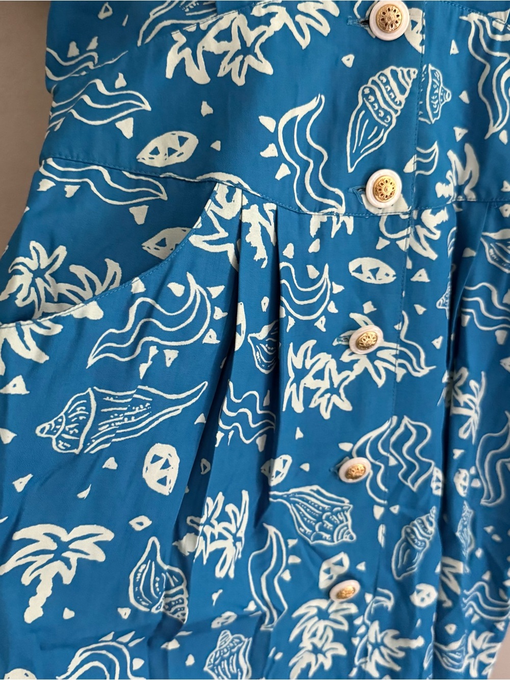 Vintage Seashell Tropical Print Blue Summer Midi Dress - Picture 3 of 7
